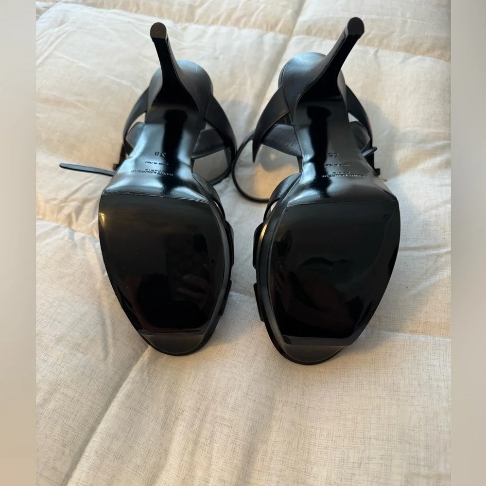 Saint Laurent Black Leather Strappy Platform Heels with Gold Logo - Picture 4 of 14